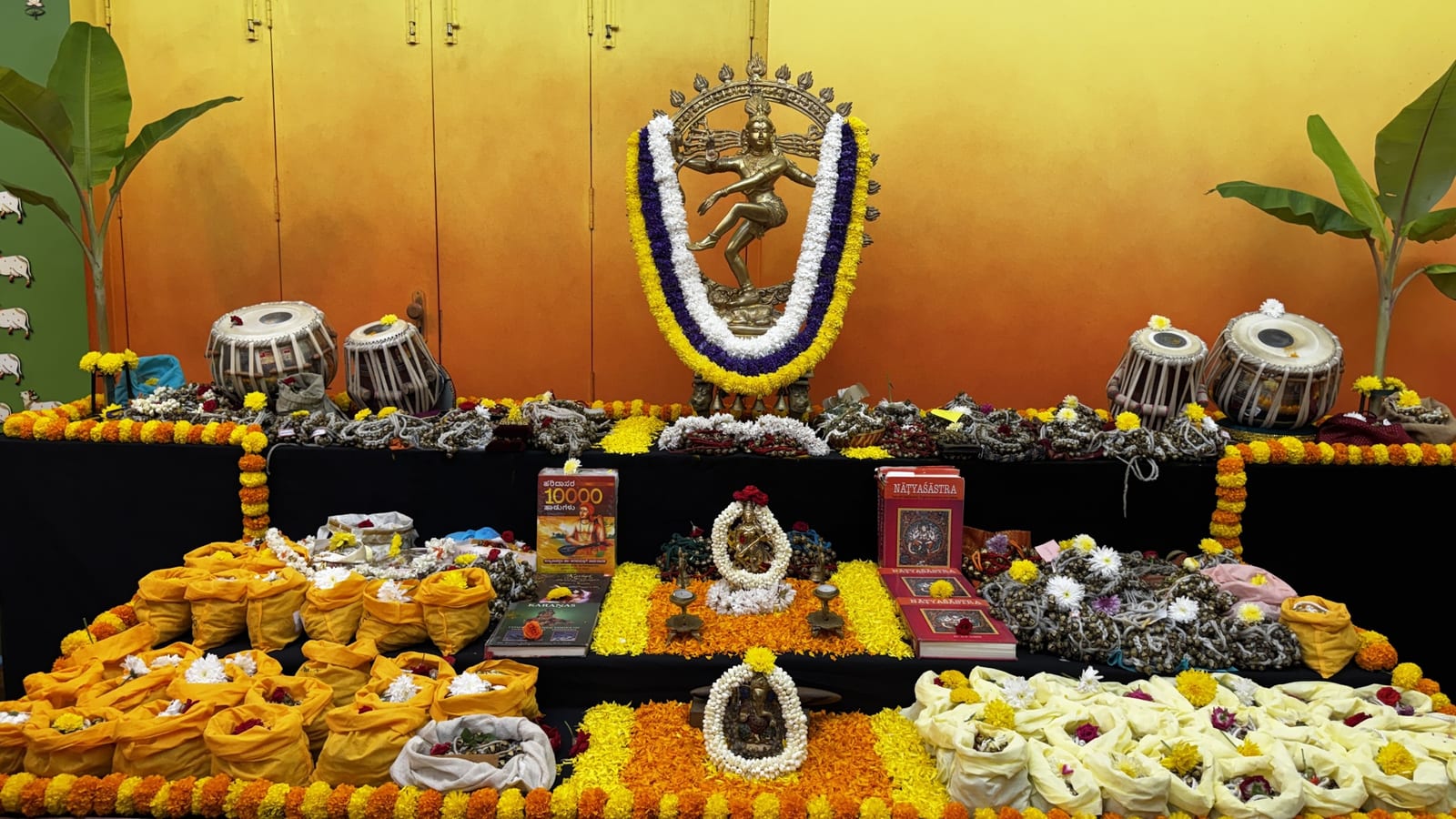 Vijayadashami — the altar with ankle bells, flowers and offerings