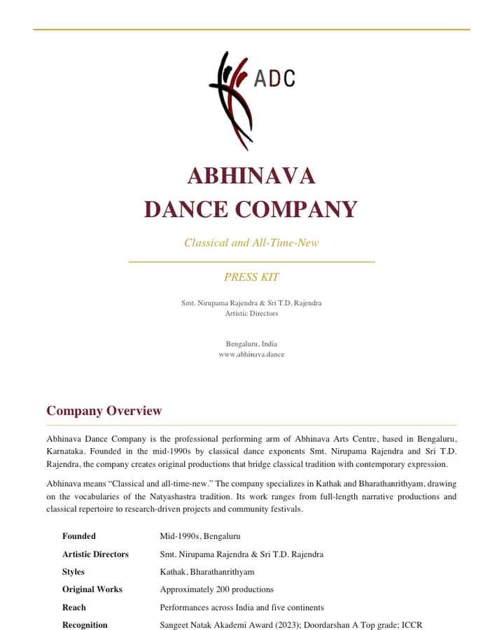 First page of the Abhinava Dance Company press kit